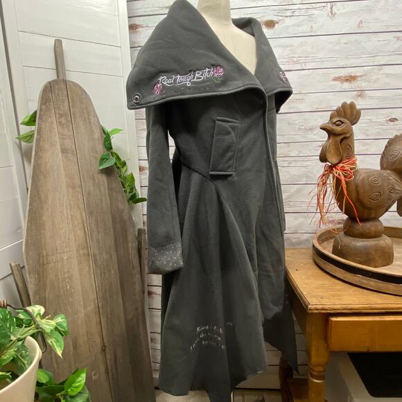 RTB Real Tough Babe Grey Fleece Jacket Coat Asymmetrical Embroidered Custom MED - Picture 2 of 9